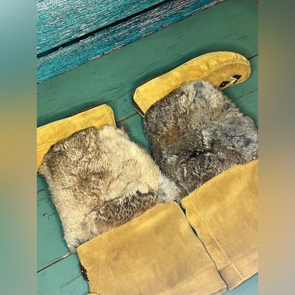 Vintage Naughty Monkey Eskimo Tall Suede Beaded Rabbit Fur Winter Boots Pom Poms - Picture 12 of 14